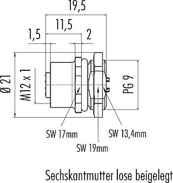 Maßzeichnung M12 Flanschdose, Polzahl: 4, ungeschirmt, löten, IP67, UL 2238, PG 9, Frontmontage