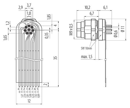 Csatlakozás és méretek
M9 panelre szerelhető csatlakozó, : 8, árnyékolatlan, THT, IP40, M9x0,5, hátsó panel felszerelés