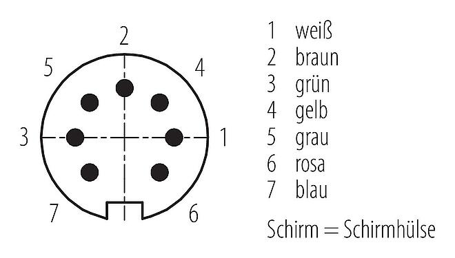 Polbild (Steckseite) M16 Kabelstecker, Polzahl: 7 (07-b), geschirmt, am Kabel angespritzt, IP67, PUR, schwarz, 7 x 0,25 mm², 5 m