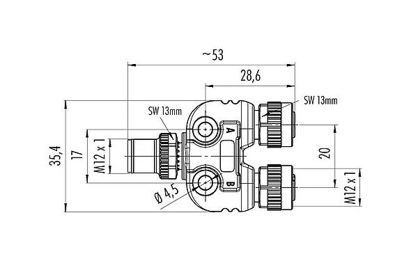 Scale drawing M12 Twin distributors, Y-distributor, male connector - 2 female connector, Contacts: 4/3, unshielded, pluggable, IP68, UL 2238, with LED PNP