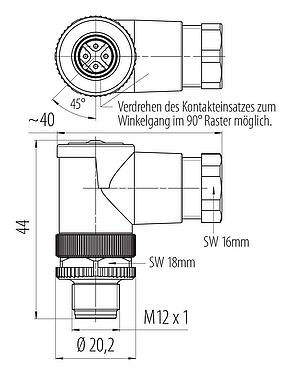 Maßzeichnung M12 Winkelstecker, Polzahl: 4, 6,0-8,0 mm, ungeschirmt, schraubklemm, IP67, UL 2238