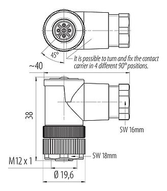 Schaaltekening M12 Female haakse connector, aantal polen: 4, 6,0-8,0 mm, onafgeschermd, schroefklem, IP67, UL 2238, PG 9