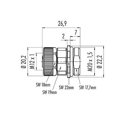 Dessin coté M12 Embase femelle, Contacts: 5, non blindé, pince à visser, IP67, UL 2238, VDE, M20x1,5, Montage frontal, pour l'alimentation électrique