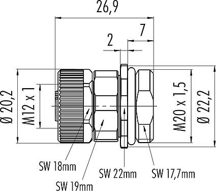 比例图 M12 孔头法兰座, 极数: 5, 非屏蔽, 螺钉接线, IP67, UL 2238, VDE, M20x1.5, 板前安装