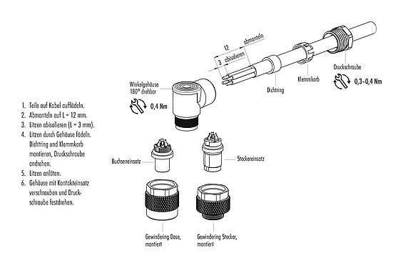 Montageanleitung 99 0425 70 08 - M9 Winkelstecker, Polzahl: 8, 3,5-5,0 mm, ungeschirmt, löten, IP67