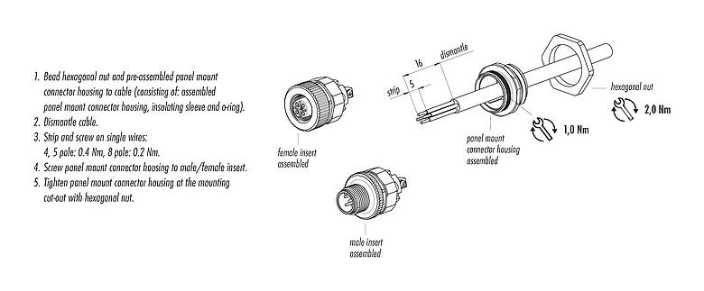 Instructions de montage M12 Embase mâle, Contacts: 4, non blindé, pince à visser, IP67, UL 2238, M20x1,5, Montage frontal, pour l'alimentation électrique