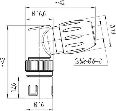 縮尺図 スナップイン オスアングルコネクタ, 極数: 8, 6.0-8.0mm, 非シールド, はんだ, IP67