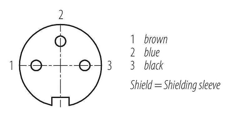 Contact arrangement (Plug-in side) M16 Female cable connector, Contacts: 3, shielded, moulded on the cable, IP67, PUR, black, 3 x 0.34 mm², 2 m