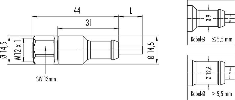 Maßzeichnung M12 Kabeldose, Polzahl: 5, ungeschirmt, am Kabel angespritzt, IP67/IP69K, UL 2238, Ecolab, PVC, grau, 5 x 0,34 mm², Edelstahl, 5 m