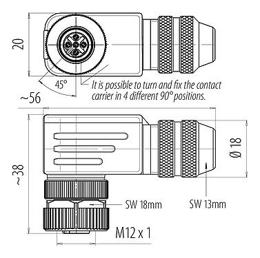 Dessin coté M12 Connecteur femelle coudé, Contacts: 4, 6,0-8,0 mm, blindable, pince à visser, IP67, UL 2238, avec anneau de protection