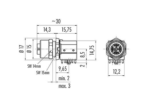 Schaaltekening M12 Female panel mount connector, aantal polen: 8, schermbaar, THT, IP67, UL, M12x1,0, Achterwandmontage