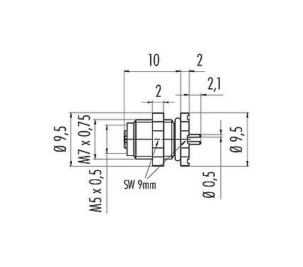 Dessin coté M5 Embase femelle, Contacts: 3, non blindé, THT, IP67, UL 2238, M5x0,5, Montage mural arrière, coulé