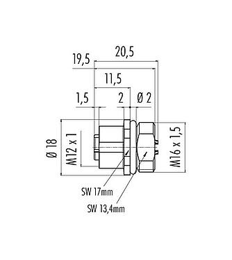 Méretarányos rajz M12 panelre szerelhető foglalat, : 4, kézi forrasztású, IP67, UL 2238, M16x1,5, elülső rögzítés