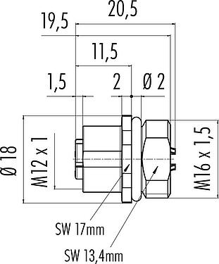 Maßzeichnung M12 Flanschdose, Polzahl: 4, löten, IP67, UL 2238, M16x1,5, Frontmontage