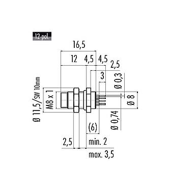 比例图 M8 针头法兰座, 极数: 12, 非屏蔽, THT, IP67/IP69K, UL 2238, M8x1.0, 後壁安裝, 可从板前拧紧, 模压成型