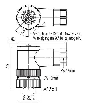 Maßzeichnung M12 Winkeldose, Polzahl: 4, 4,0-6,0 mm, ungeschirmt, Käfigzugfeder, IP67