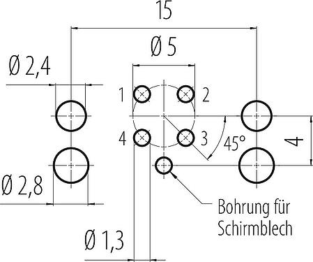 Leiterplattenlayout M12 Flanschdose, Polzahl: 4, schirmbar, THR, IP67, UL 2238, M12x1,0, Rückwandmontage
