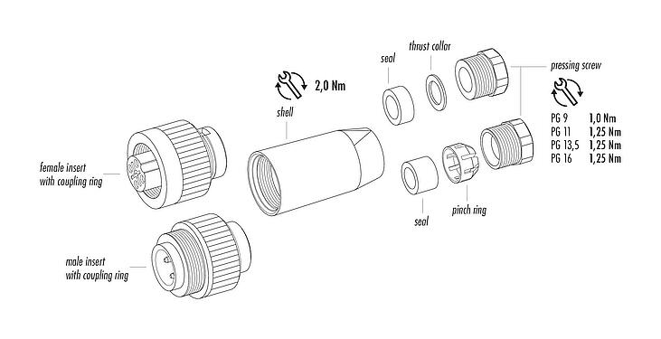 Component part drawing RD24 Male cable connector, Contacts: 6+PE, 6.0-8.0 mm, unshielded, screw clamp, IP67, PG 9