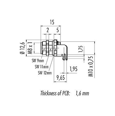 Scale drawing 86 6618 1121 00006 - M8 Female panel mount connector, Contacts: 6, shieldable, THT, IP67, UL, M10x0.75, front fastened