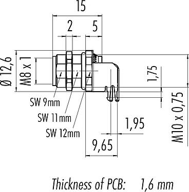 Scale drawing M8 Female panel mount connector, Contacts: 4, shieldable, THT, IP67, UL 2238, M10x0.75, Rear mounting, potted