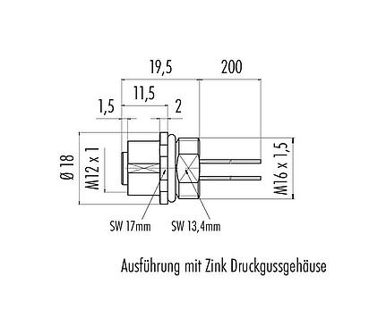 Maßzeichnung M12 Flanschdose, Polzahl: 12, ungeschirmt, Litzen, IP68, UL 2238, M16x1,5, Frontmontage