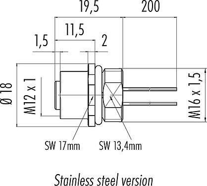 Méretarányos rajz M12 panelre szerelhető foglalat, : 4, árnyékolatlan, sodrott vezeték, IP68, UL 2238, M16x1,5, elülső rögzítés, rozsdamentes acél, öntött
