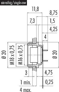 比例圖 M16 孔頭法蘭座, : 12 (12-a), 非遮罩, THT, IP40, M18x0,75, 後壁安裝