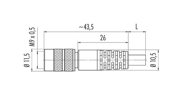 Dibujo a escala M9 Conector de cable hembra, Número de contactos: 3, blindado, moldeado en el cable, IP67, PUR, negro, 5 x 0,25 mm², 2 m