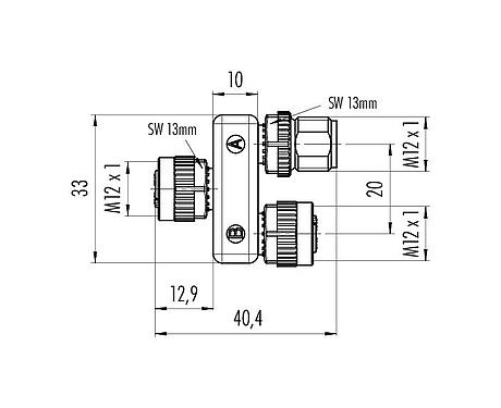 Scale drawing 79 5212 00 05 - M12 Twin distributor, Y-distributor, male M12x1 - 2 female M12x1, Contacts: 5, unshielded, pluggable, IP68, UL