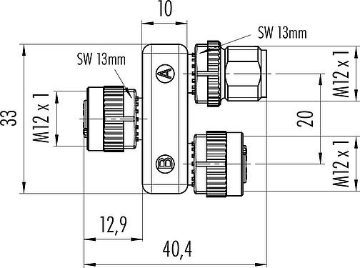 Scale drawing M12 Twin distributors, Y-distributor, male connector - 2 female connector, Contacts: 5, unshielded, pluggable, IP68, UL 2238