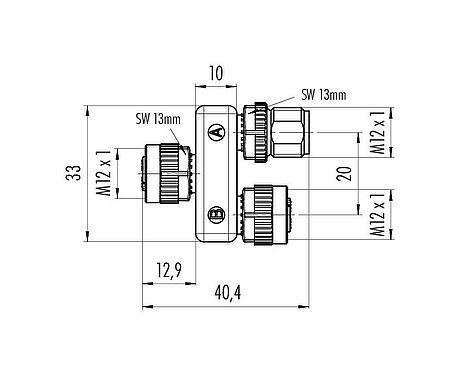 Scale drawing M12 Twin distributors, Y-distributor, male connector - 2 female connector, Contacts: 5, unshielded, pluggable, IP68, UL 2238