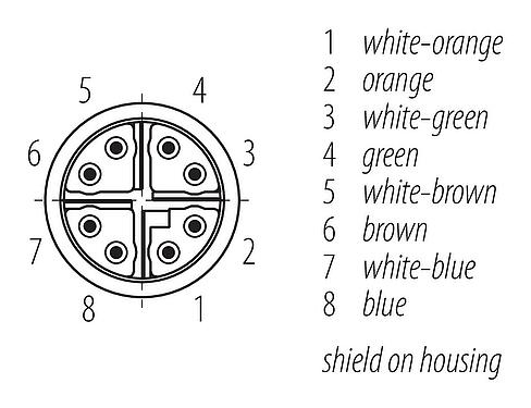 Sắp xếp liên hệ (phía kết nối) M12 Cáp kết nối phích cắm cáp - ổ cắm cáp, Số lượng cực : 8, có chống nhiễu, ép phun vào dây cáp, IP67, M12x1,0, E-beam X-FRNCL/LSNH, màu xanh da trời, 10m