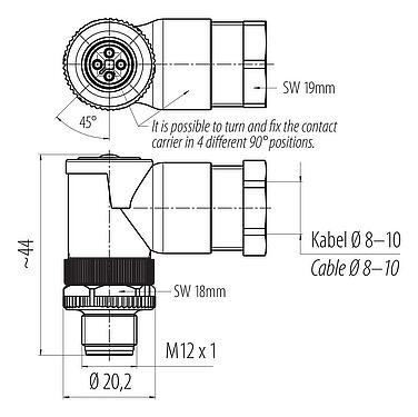 Méretarányos rajz 99 0629 58 04 - M12 derékszögű csatlakozó, : 4, 8,0-10,0 mm, árnyékolatlan, csavaros bilincs, IP67, UL 2238, VDE