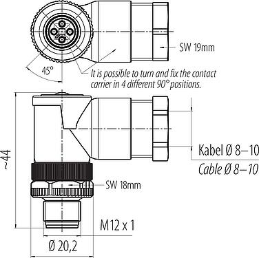 Dessin coté M12 Connecteur mâle coudé, Contacts: 4, 8,0-10,0 mm, non blindé, pince à visser, IP67, UL 2238, VDE