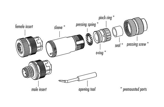 Descrição do item 99 1533 810 05 - M12 Plugue de cabo, Contatos: 5, 5,0-8,0 mm, blindável, braçadeira de arame, IP67