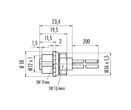 Scale drawing 76 0240 0115 00044-0200 - M12 Female panel mount connector, Contacts: 4, unshielded, single wires, IP68, UL, M16x1.5