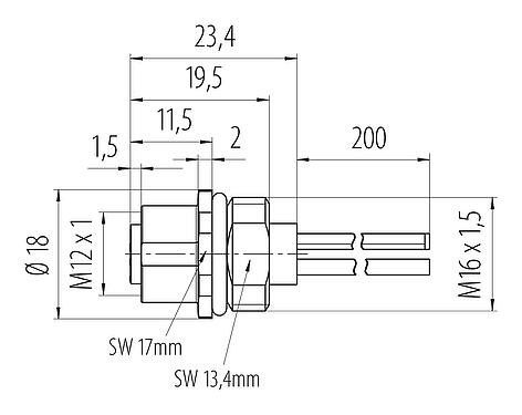 Dessin coté M12 Embase femelle, Contacts: 4, non blindé, fils, IP68, M16x1,5, Montage frontal