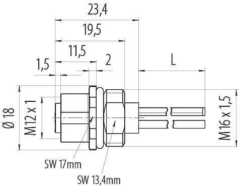 Maßzeichnung M12 Flanschdose, Polzahl: 4, ungeschirmt, Litzen, IP68, UL 2238, M16x1,5, Frontmontage, vergossen