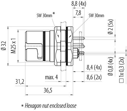 Scale drawing B23 Female panel mount connector, Contacts: 9 (4+PE + 4), THT, IP65/IP67, Rear mounting, with stranded wires, ENP: Power pin / Data socket