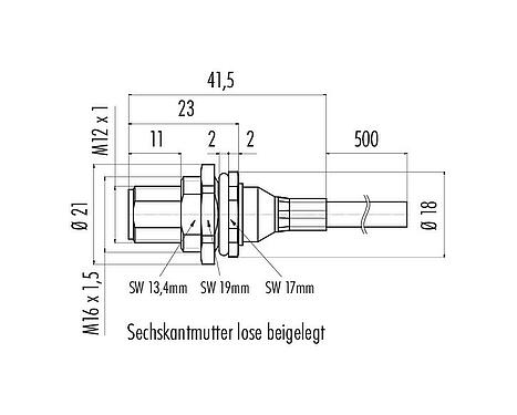 Maßzeichnung 70 3481 288 08 - M12 Flanschstecker, Polzahl: 8, geschirmt, mit Kabel konfektioniert, IP68, M16x1,5, PUR, schwarz, 8 x 0,25 mm², Frontmontage, 0,5 m