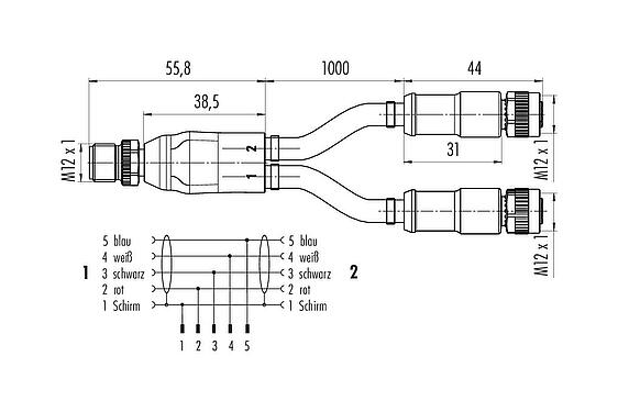 Maßzeichnung M12 Kabelsplitter Kabelstecker - 2 Kabeldosen, Polzahl: 5, geschirmt, am Kabel angespritzt, IP67, CAN-Bus, PUR, violett, 1 x 2 x AWG 22 + 1 x 2 x AWG 24, 1 m