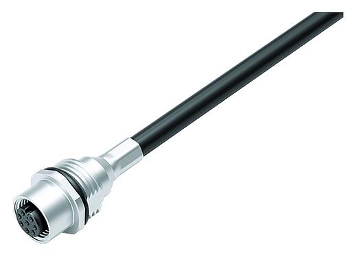 Illustration M12 Female panel mount connector, Contacts: 8, 6.0 mm, shielded, with cable assembled, IP68, M16x1.5, PUR, 8 x 0.25 mm², Front mounting, 0.5 m