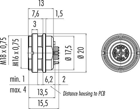 Bản vẽ tỷ lệ M16 Ổ cắm gắn bảng, Số lượng cực : 8, có thể che chắn, THR, IP67, M18x0,75, Chốt trung tâm