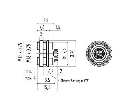 Scale drawing 99 4174 90 08 - M16 Female panel mount connector, Contacts: 8, shieldable, THR, IP67