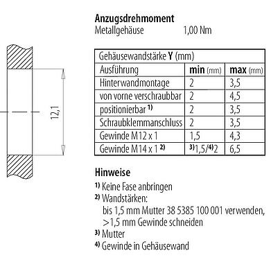Montageanleitung / Montageausschnitt M12 Flanschdose, Polzahl: 8, schirmbar, THT, IP67, UL, M12x1,0, Rückwandmontage