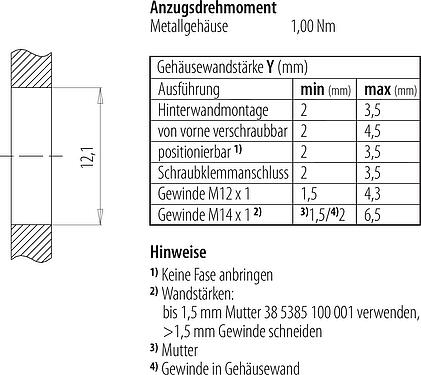 Montageanleitung / Montageausschnitt M12 Flanschdose, Polzahl: 8, schirmbar, THT, IP67, UL, M12x1,0, Rückwandmontage