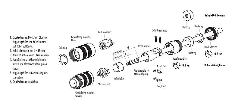 Montageanleitung M16 Kabelstecker, Polzahl: 19 (19-a), 4,1-7,8 mm, schirmbar, löten, IP68, UL 2238, Kurzversion