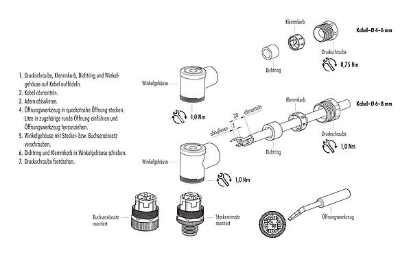 Montageanleitung M12 Winkeldose, Polzahl: 4, 4,0-6,0 mm, ungeschirmt, Käfigzugfeder, IP67