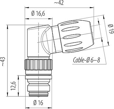縮尺図 スナップイン メス アングルコネクタ, 極数: 8, 6.0-8.0mm, 非シールド, はんだ, IP67