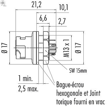Dessin coté Baïonnette Embase femelle, Contacts: 5, non blindé, souder, IP54 débranché, M13x1,0, Montage frontal